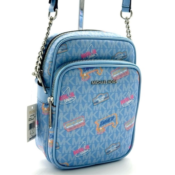 Michael Kors Jet Set Medium Printed Signature Logo Crossbody Bag Light Sky Blue - Picture 3 of 11